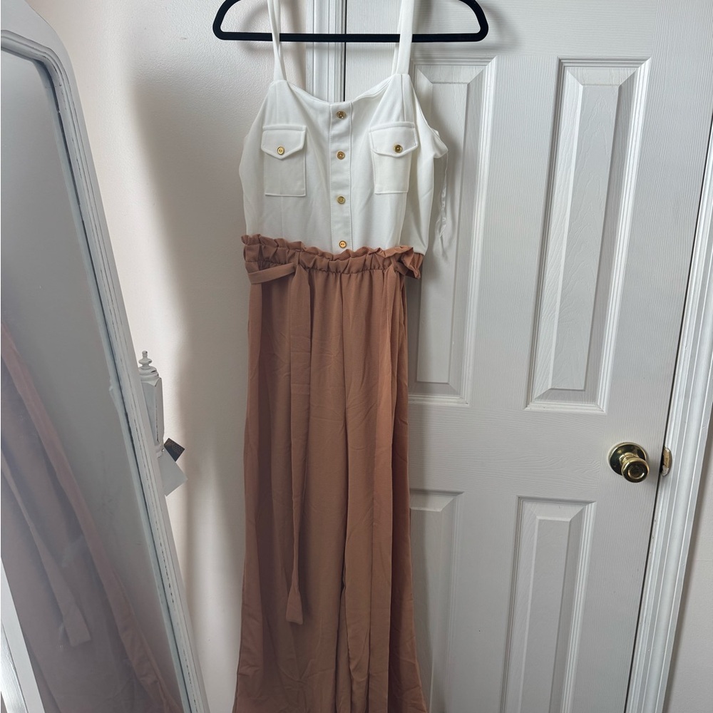 J for Justify White and Tan Jumpsuit